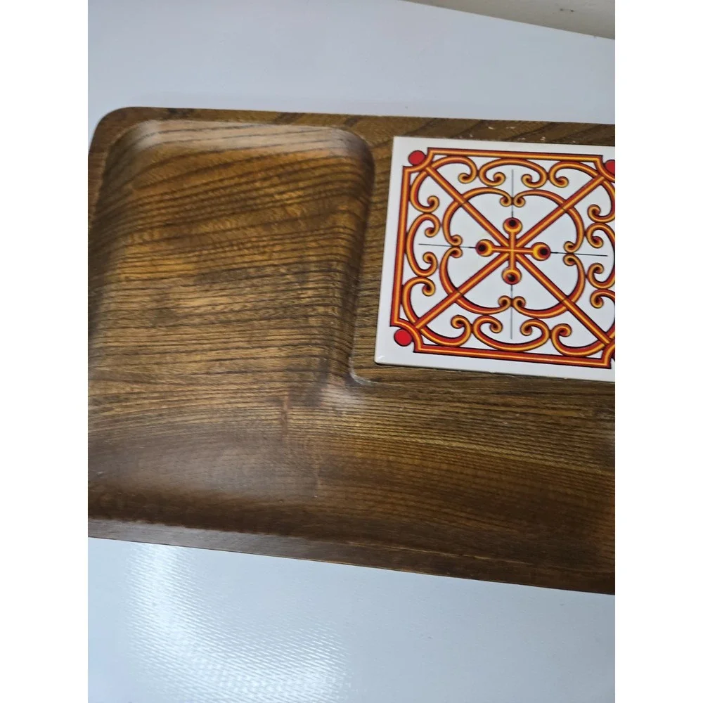 Vtg 1970s Japanese Keyaki Wood Cheese Board Charcuterie Tray Orange Scroll Tile